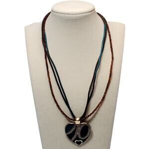 Multi Strand Beaded Necklace Heart Pendant Unsigned 16"